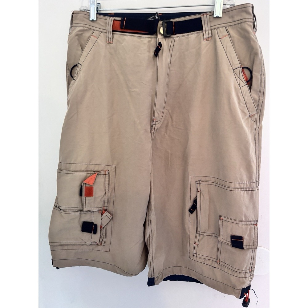 No Boundaries Tan Cargo Shorts Cotton Nylon Y2K Gorpcore 34x12 Toggle at Legs